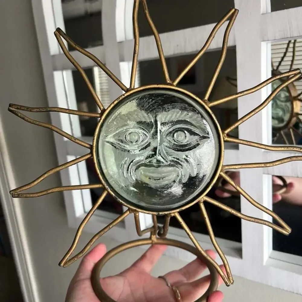 Vintage Celestial Sun Metal Tea Light Candle Holder with Glass Face